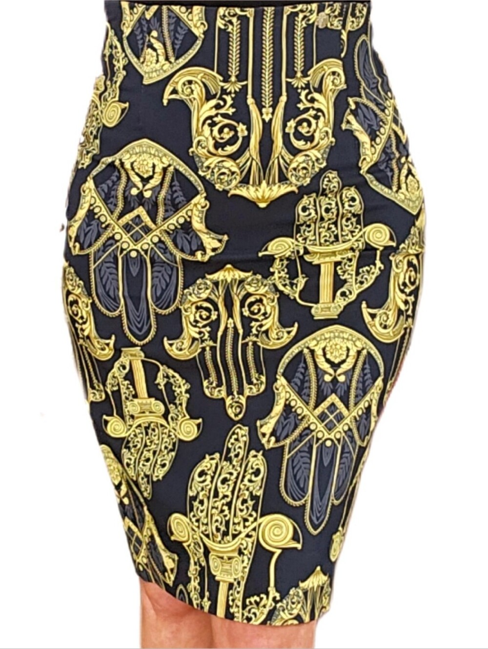 Versace Collection Baroque Hamsa High Waist Pencil Skirt Black Gold IT Size 40